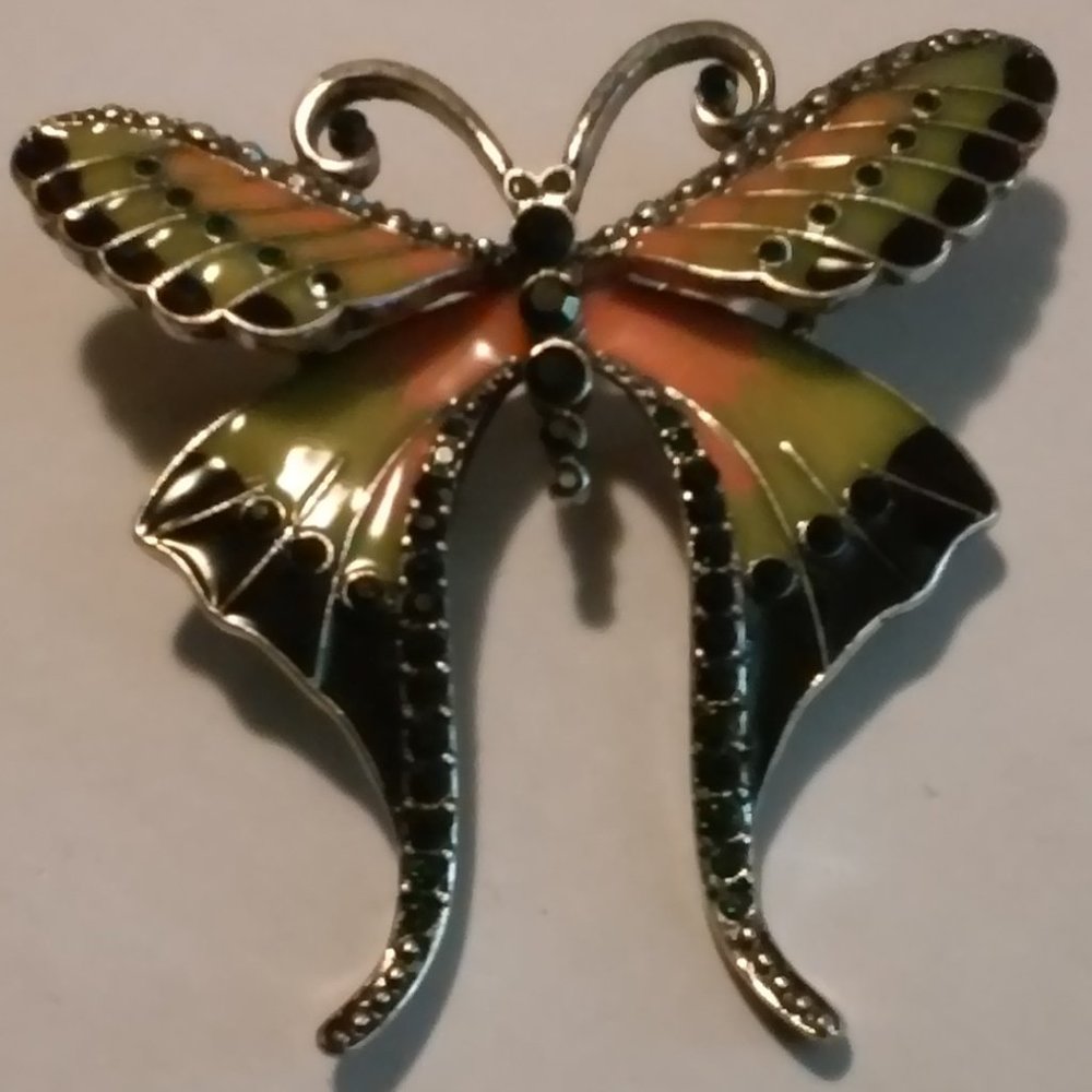 Cloisonne Silver Butterfly Pin Multi Color With Green Stones 2" Tall 2" Wide
